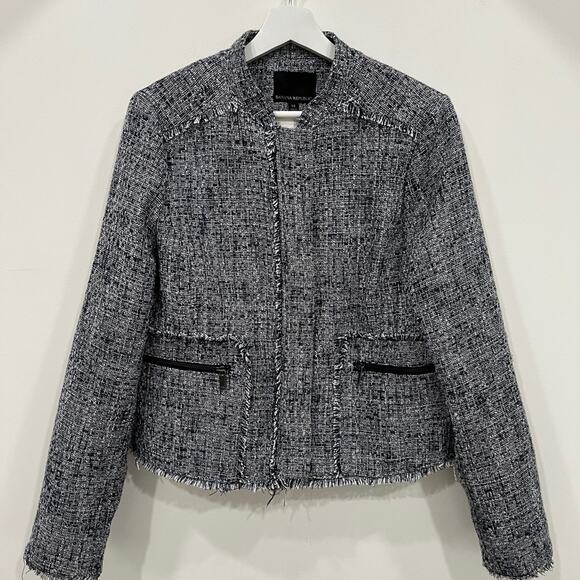 Banana Republic Navy White Tweed Raw Edge Hem Blazer Zip Up Jacket - Picture 2 of 7